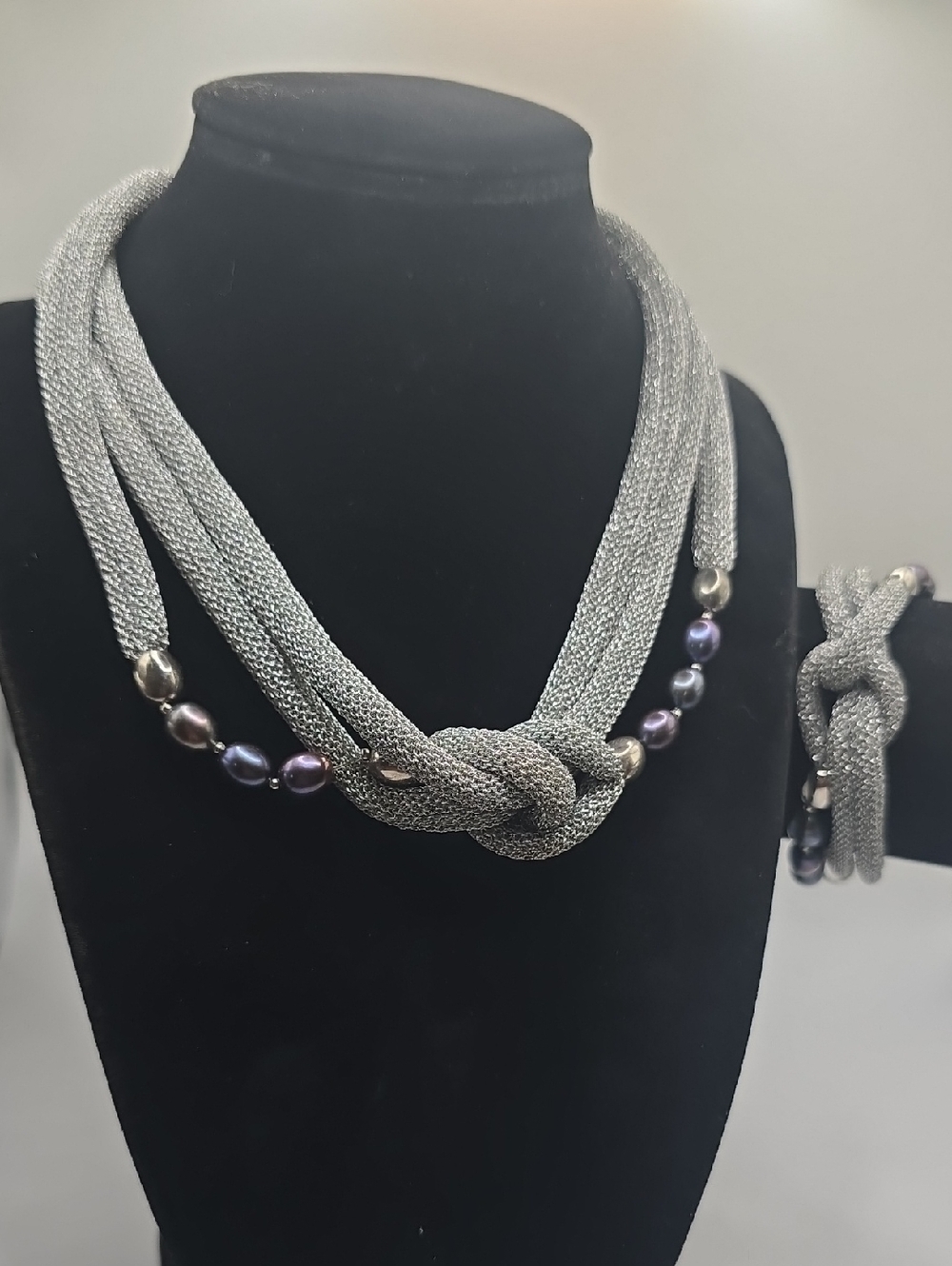 Adami & Martucci Sterling Silver Multi-Strand Knot Mesh Necklace with Pearls